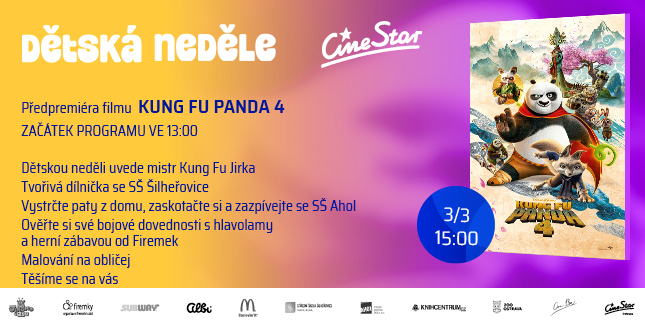 Dětská neděle s filmem Kung Fu Panda 4, dne 3.3.2024